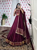 Lorenvalley Wine Pure Chanderi Zari Weaving Work With Gotta Patti Lace Touch Up Lehenga Choli with Dupatta | Grocsy
