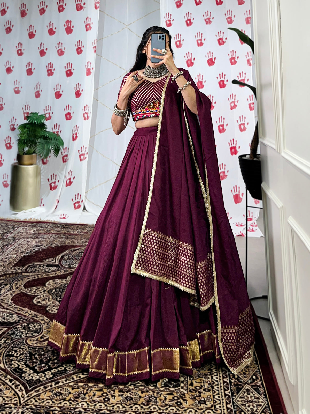 Lorenvalley Wine Pure Chanderi Zari Weaving Work With Gotta Patti Lace Touch Up Lehenga Choli with Dupatta | Grocsy