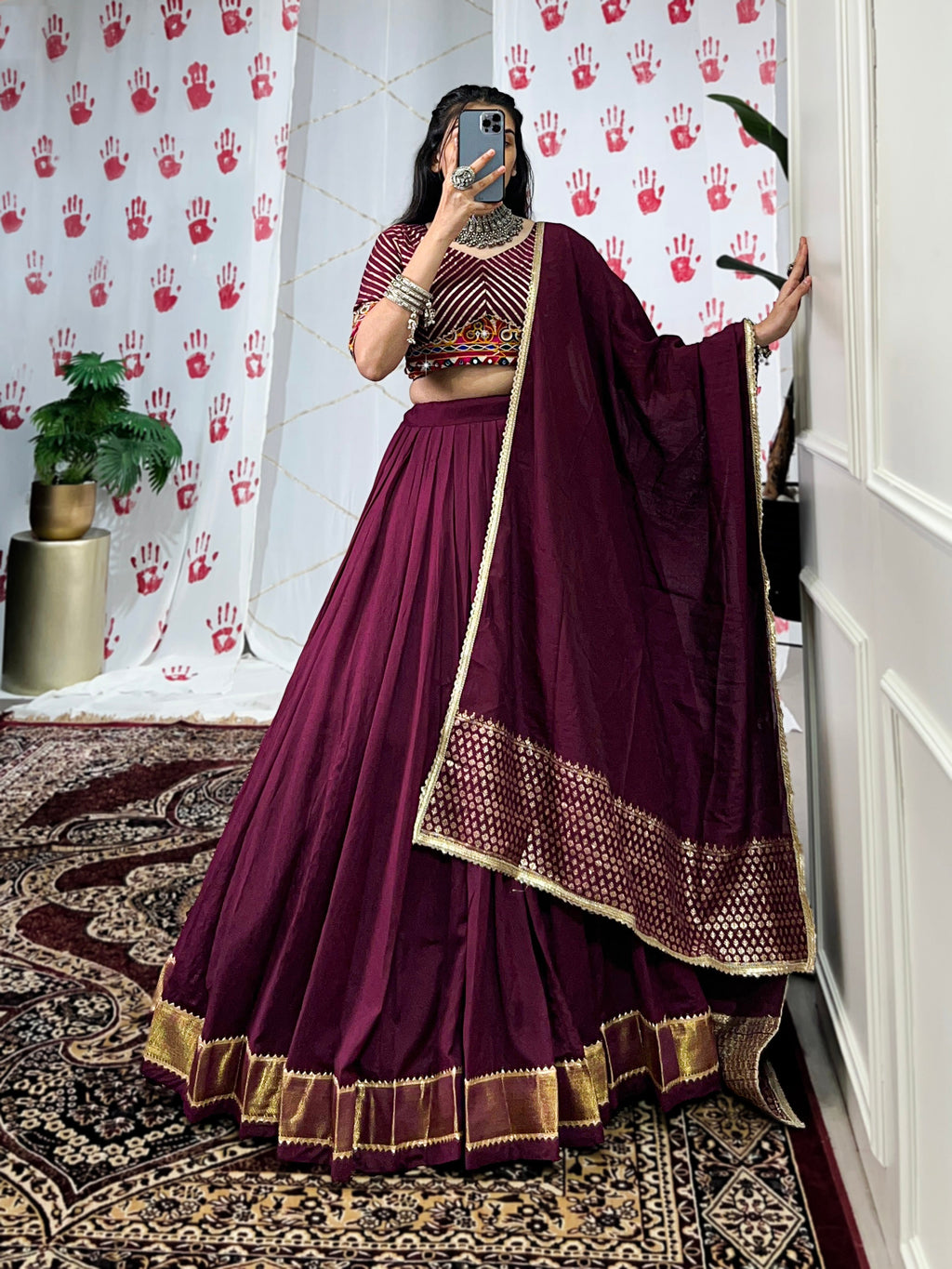 Lorenvalley Wine Pure Chanderi Zari Weaving Work With Gotta Patti Lace Touch Up Lehenga Choli with Dupatta | Grocsy