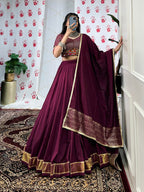 Lorenvalley Wine Pure Chanderi Zari Weaving Work With Gotta Patti Lace Touch Up Lehenga Choli with Dupatta | Grocsy