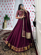Lorenvalley Wine Pure Chanderi Zari Weaving Work With Gotta Patti Lace Touch Up Lehenga Choli with Dupatta | Grocsy