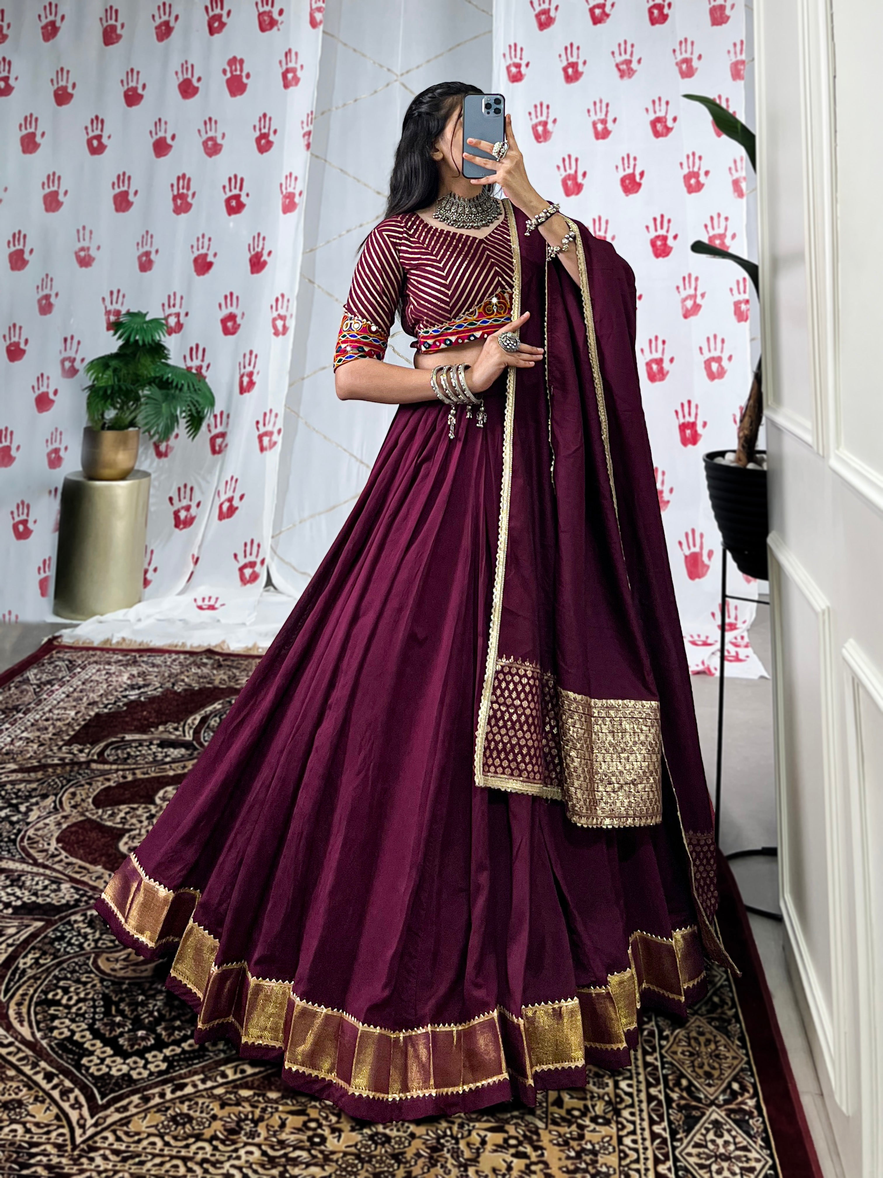 Lorenvalley Wine Pure Chanderi Zari Weaving Work With Gotta Patti Lace Touch Up Lehenga Choli with Dupatta | Grocsy