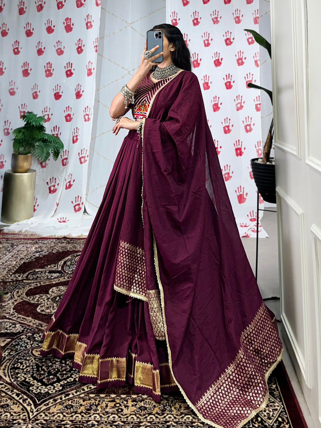Lorenvalley Wine Pure Chanderi Zari Weaving Work With Gotta Patti Lace Touch Up Lehenga Choli with Dupatta | Grocsy
