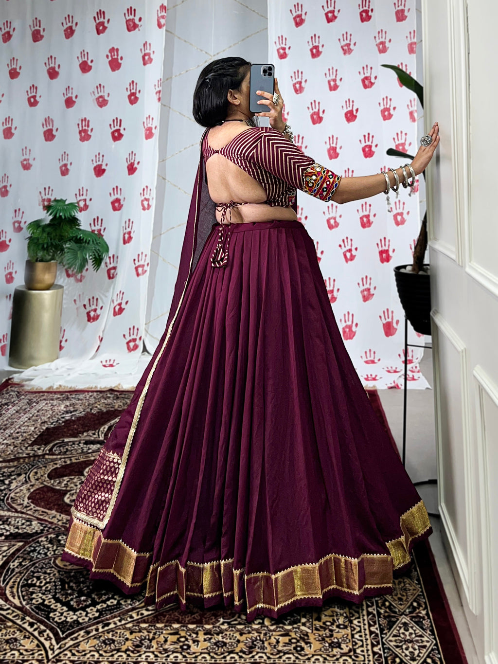 Lorenvalley Wine Pure Chanderi Zari Weaving Work With Gotta Patti Lace Touch Up Lehenga Choli with Dupatta | Grocsy