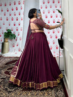 Lorenvalley Wine Pure Chanderi Zari Weaving Work With Gotta Patti Lace Touch Up Lehenga Choli with Dupatta | Grocsy