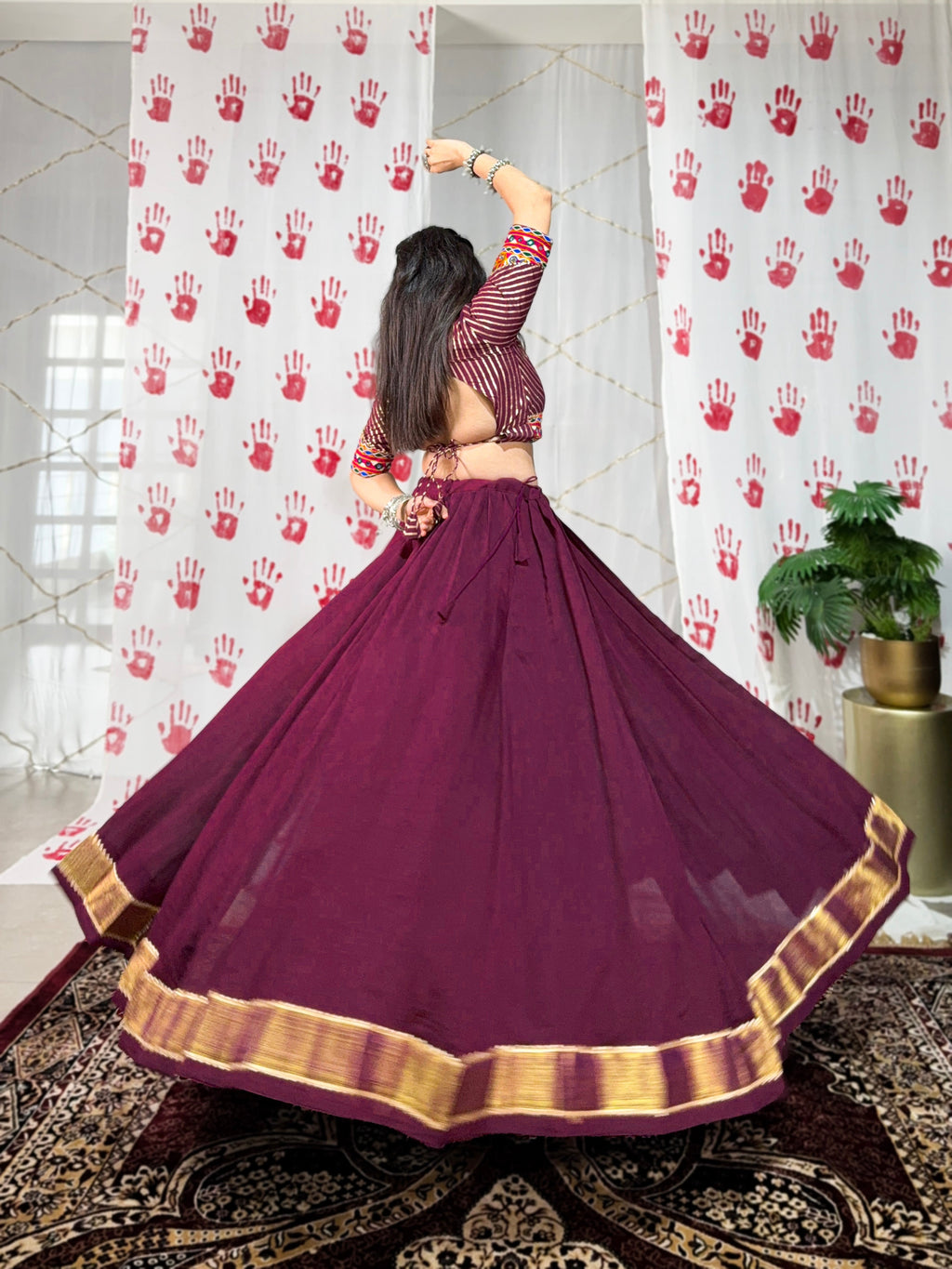 Lorenvalley Wine Pure Chanderi Zari Weaving Work With Gotta Patti Lace Touch Up Lehenga Choli with Dupatta | Grocsy