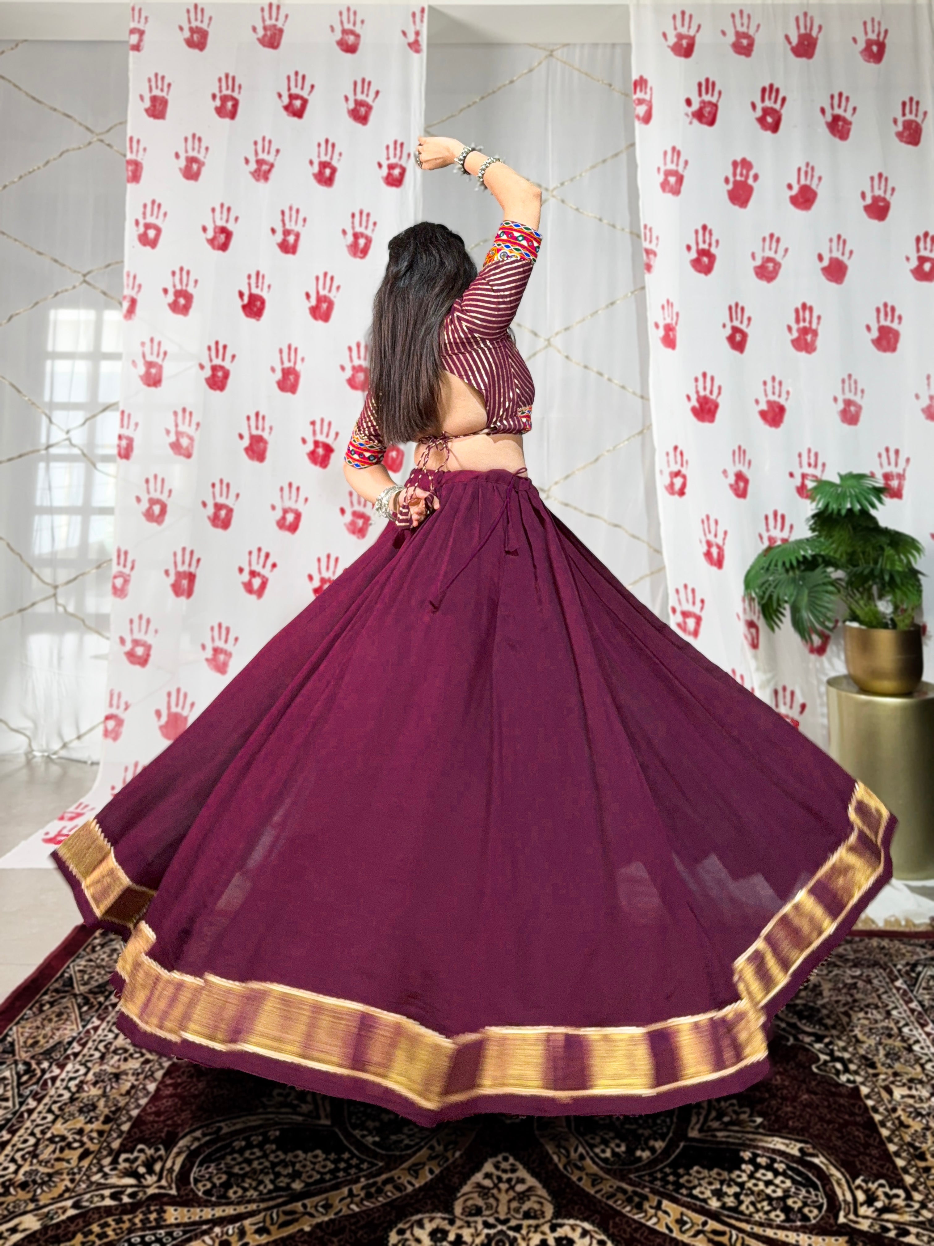 Lorenvalley Wine Pure Chanderi Zari Weaving Work With Gotta Patti Lace Touch Up Lehenga Choli with Dupatta | Grocsy