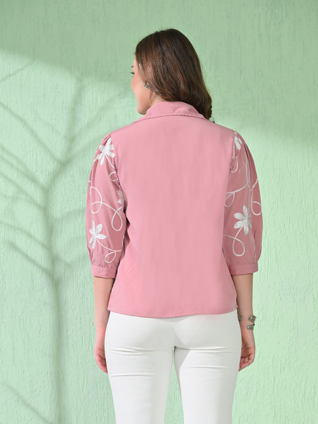 Myshka Women's Causal Shirt Style Embroidered Top Pink Color | Grocsy