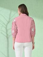 Myshka Women's Causal Shirt Style Embroidered Top Pink Color | Grocsy