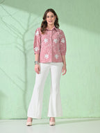 Myshka Women's Causal Shirt Style Embroidered Top Pink Color | Grocsy