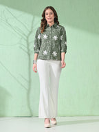 Myshka Women's Causal Printed Shirt Style Embroidered Top Olive Color | Grocsy