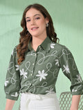 Myshka Women's Causal Printed Shirt Style Embroidered Top Olive Color | Grocsy
