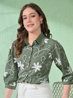 Myshka Women's Causal Printed Shirt Style Embroidered Top Olive Color | Grocsy