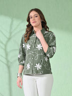 Myshka Women's Causal Printed Shirt Style Embroidered Top Olive Color | Grocsy