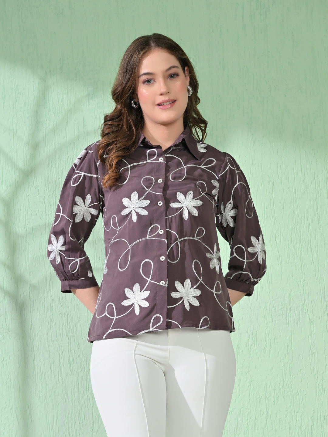Myshka Women's Causal Printed Shirt Style Embroidered Top Brown Color | Grocsy