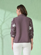 Myshka Women's Causal Printed Shirt Style Embroidered Top Brown Color | Grocsy