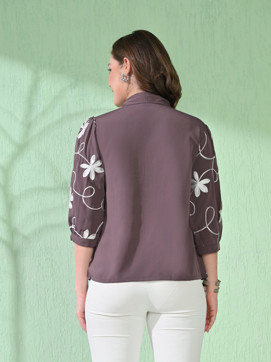 Myshka Women's Causal Printed Shirt Style Embroidered Top Brown Color | Grocsy