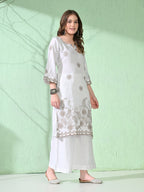 Myshka Women's Embroidered Calf Length White Kurta With Palazzo | Grocsy