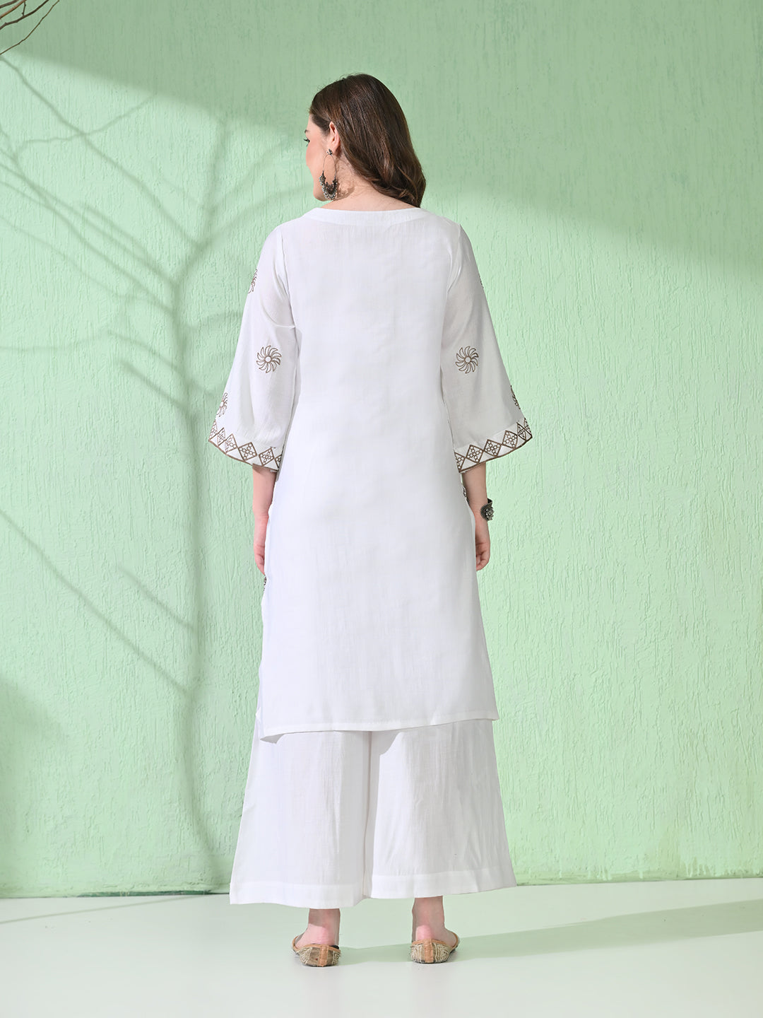 Myshka Women's Embroidered Calf Length White Kurta With Palazzo | Grocsy