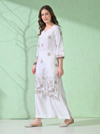 Myshka Women's Embroidered Calf Length White Kurta With Palazzo | Grocsy