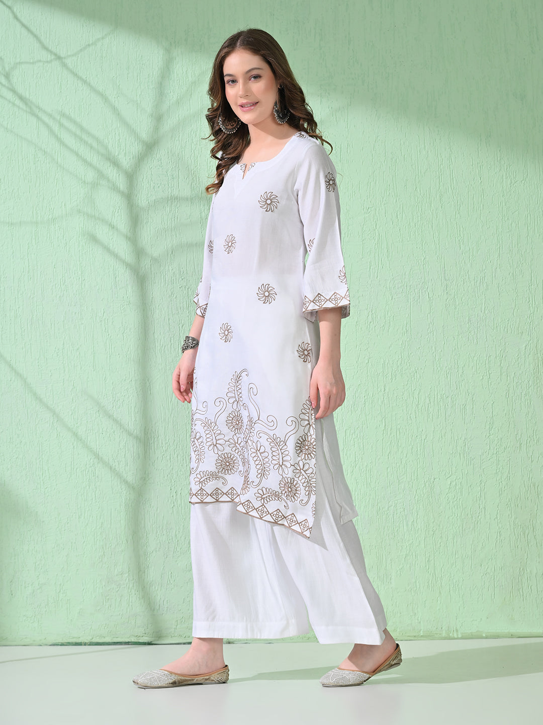 Myshka Women's Embroidered Calf Length White Kurta With Palazzo | Grocsy