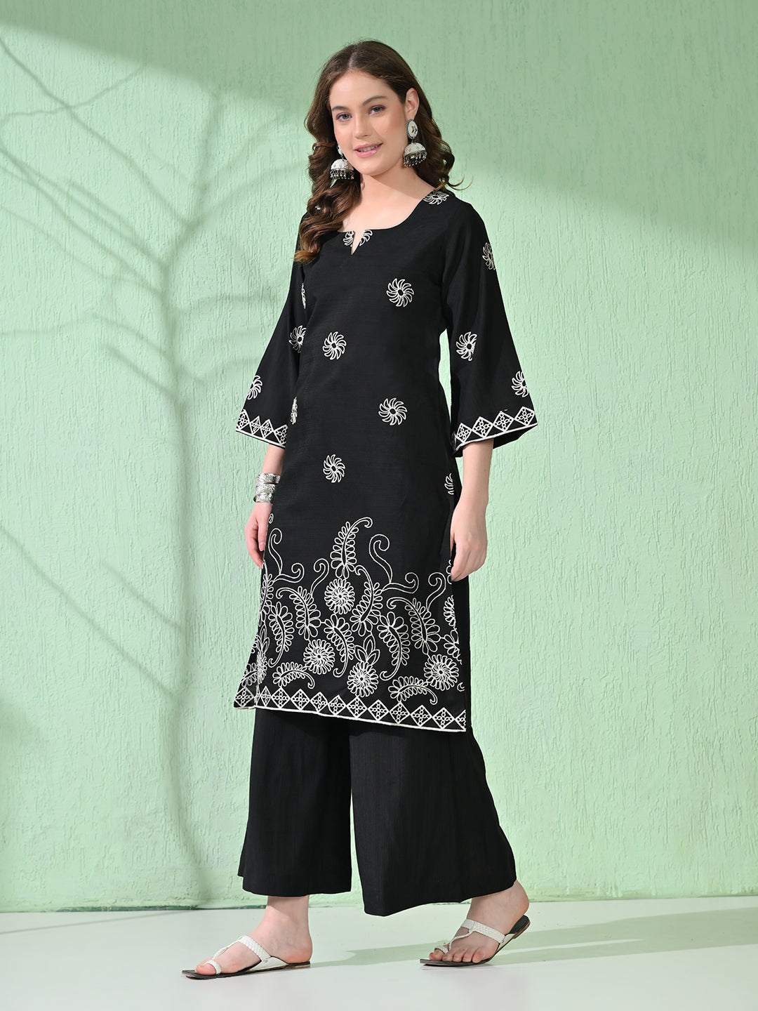 Myshka Women's Embroidered Calf Length Black Kurta With Palazzo | Grocsy
