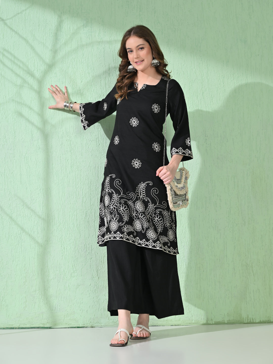 Myshka Women's Embroidered Calf Length Black Kurta With Palazzo | Grocsy