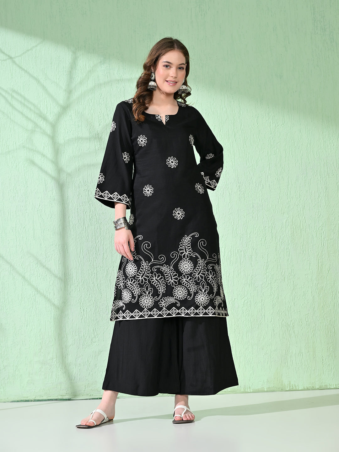 Myshka Women's Embroidered Calf Length Black Kurta With Palazzo | Grocsy