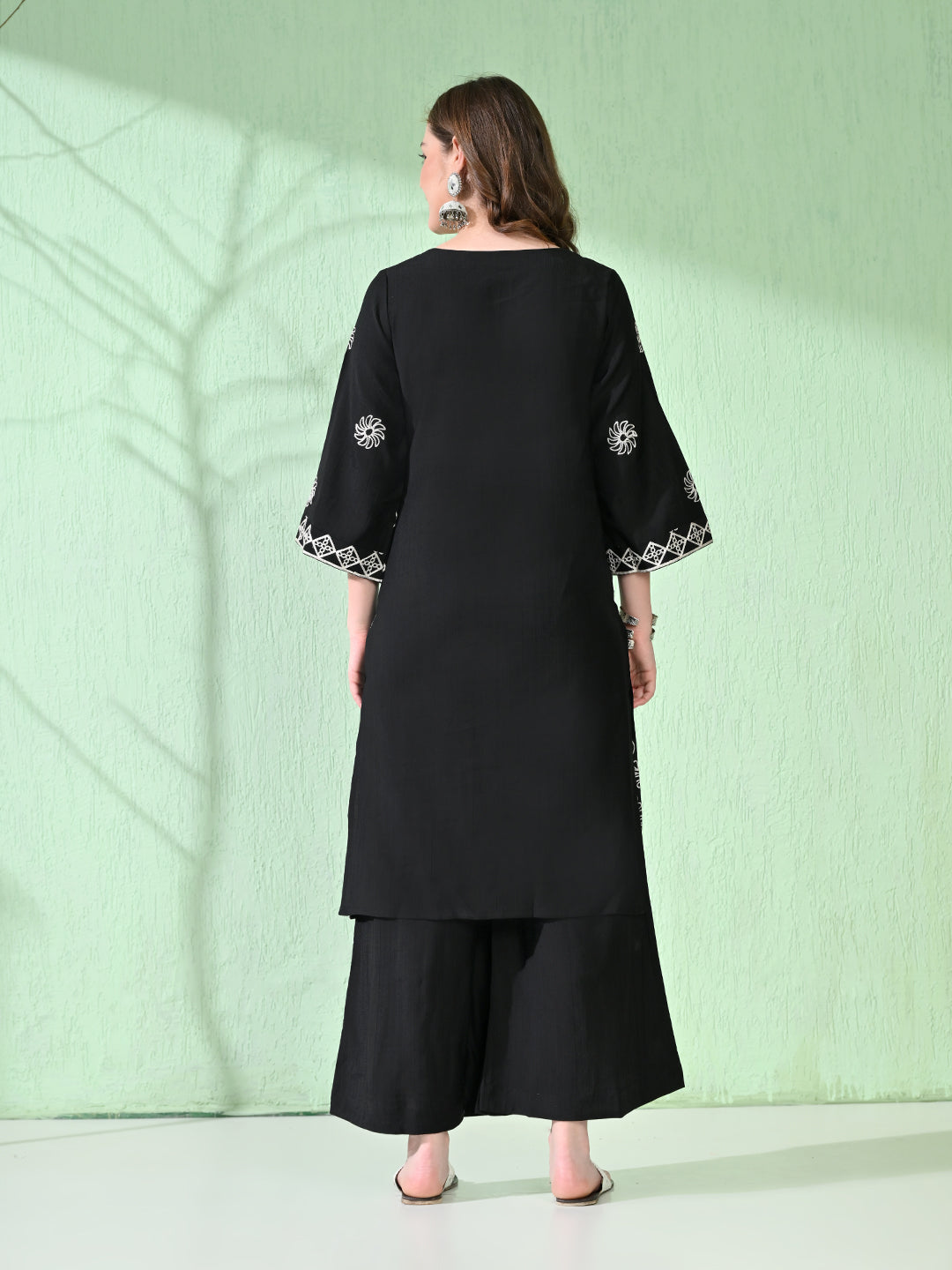 Myshka Women's Embroidered Calf Length Black Kurta With Palazzo | Grocsy