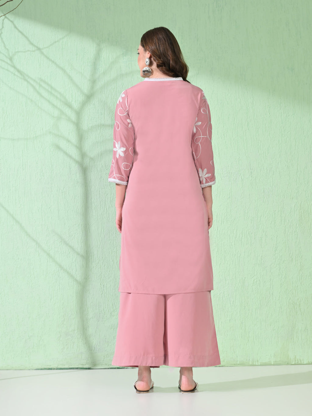 Myshka Women's Embroidered Calf Length Pink Kurta With Palazzo | Grocsy