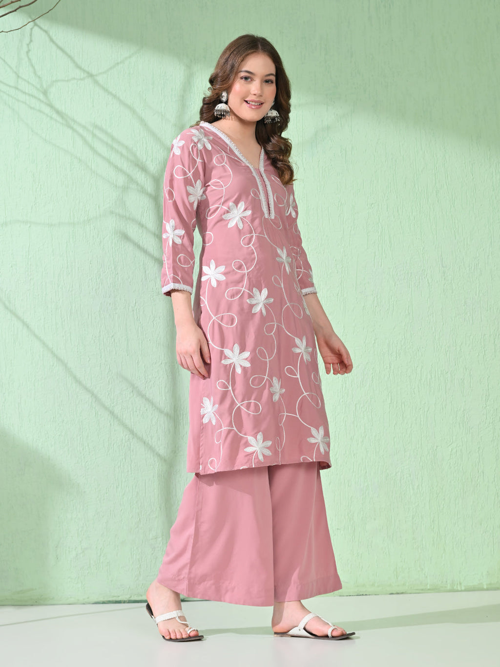 Myshka Women's Embroidered Calf Length Pink Kurta With Palazzo | Grocsy