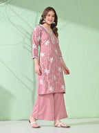 Myshka Women's Embroidered Calf Length Pink Kurta With Palazzo | Grocsy