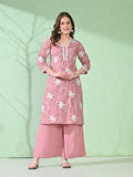 Myshka Women's Embroidered Calf Length Pink Kurta With Palazzo | Grocsy