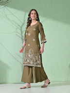 Myshka Women's Embroidered Calf Length Olive Kurta With Palazzo | Grocsy