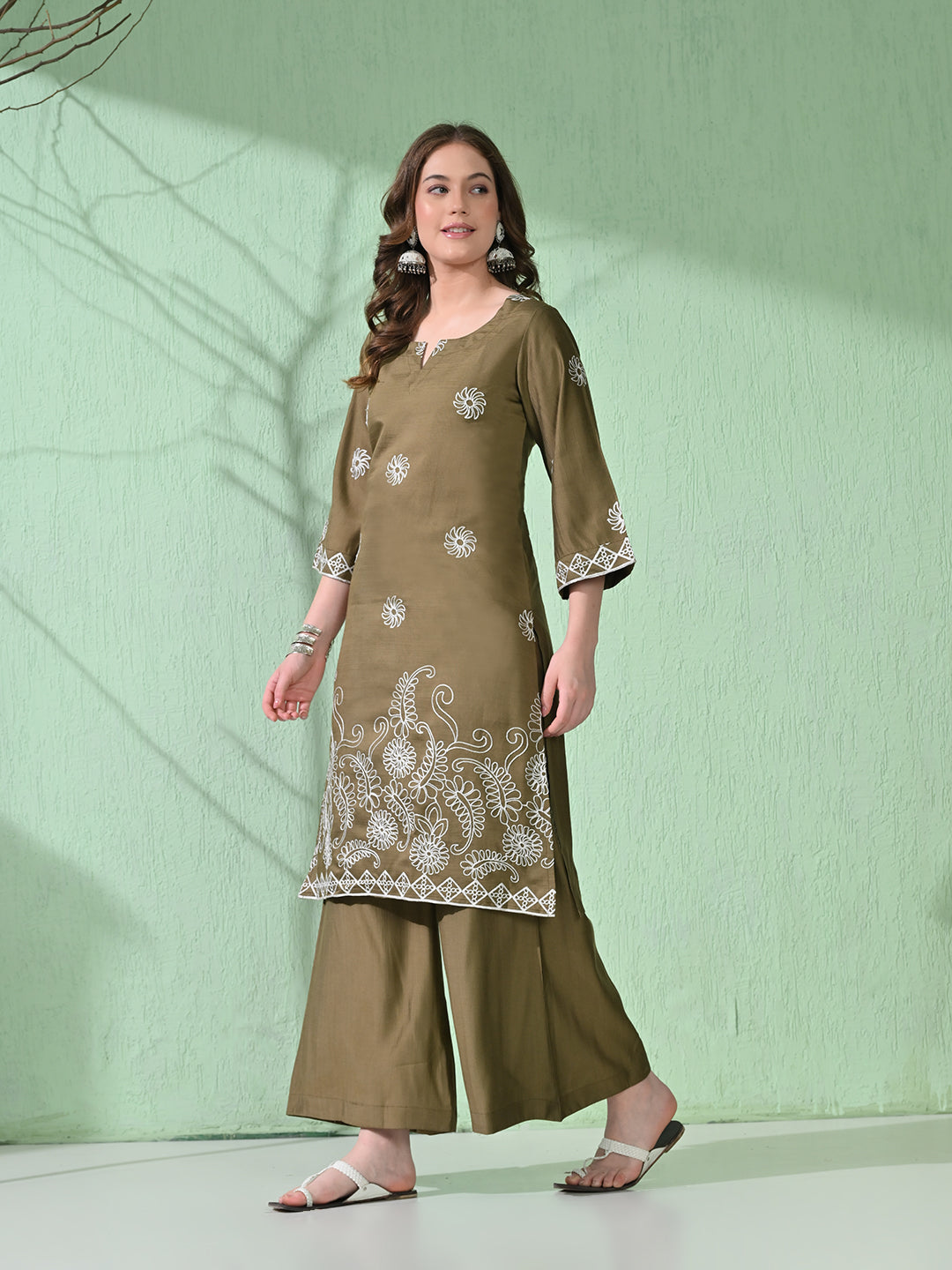 Myshka Women's Embroidered Calf Length Olive Kurta With Palazzo | Grocsy