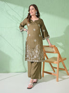 Myshka Women's Embroidered Calf Length Olive Kurta With Palazzo | Grocsy