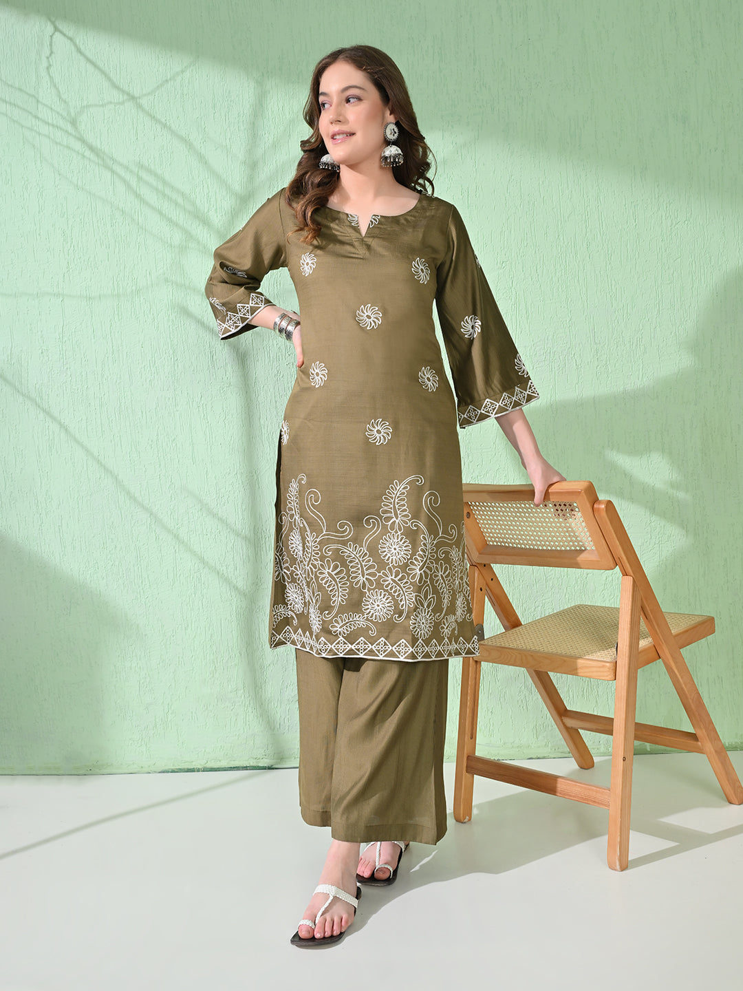 Myshka Women's Embroidered Calf Length Olive Kurta With Palazzo | Grocsy