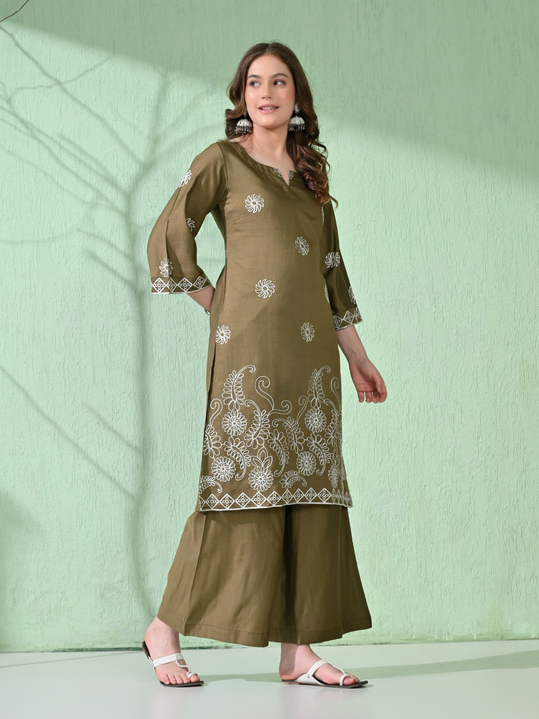 Myshka Women's Embroidered Calf Length Olive Kurta With Palazzo | Grocsy