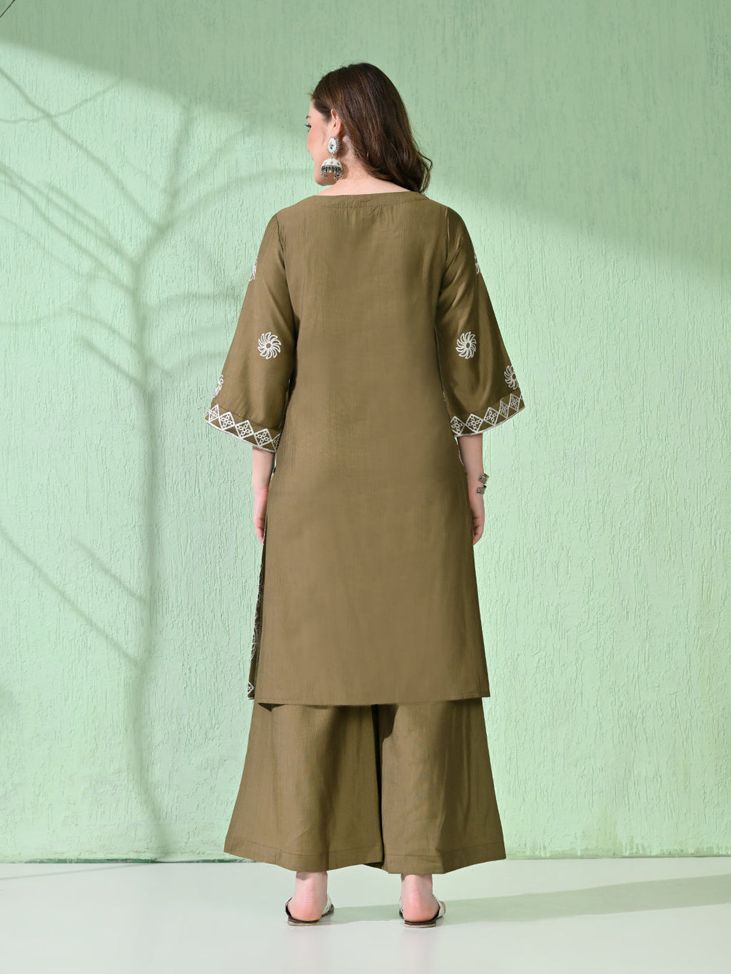 Myshka Women's Embroidered Calf Length Olive Kurta With Palazzo | Grocsy