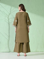 Myshka Women's Embroidered Calf Length Olive Kurta With Palazzo | Grocsy