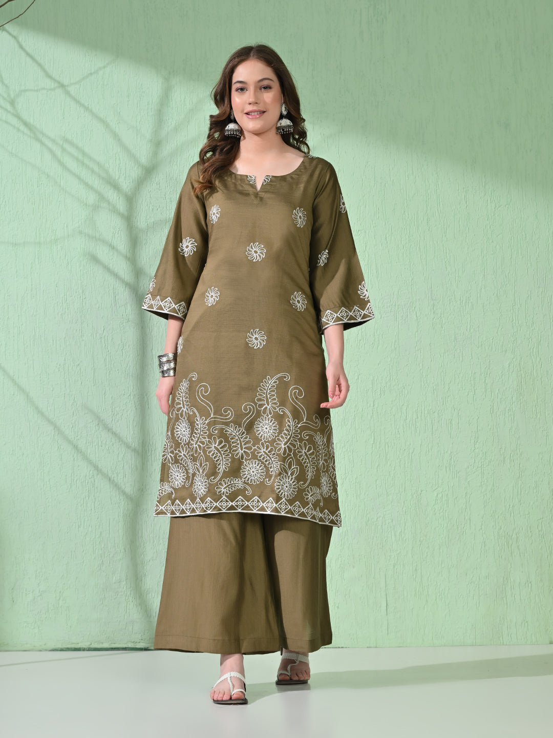 Myshka Women's Embroidered Calf Length Olive Kurta With Palazzo | Grocsy