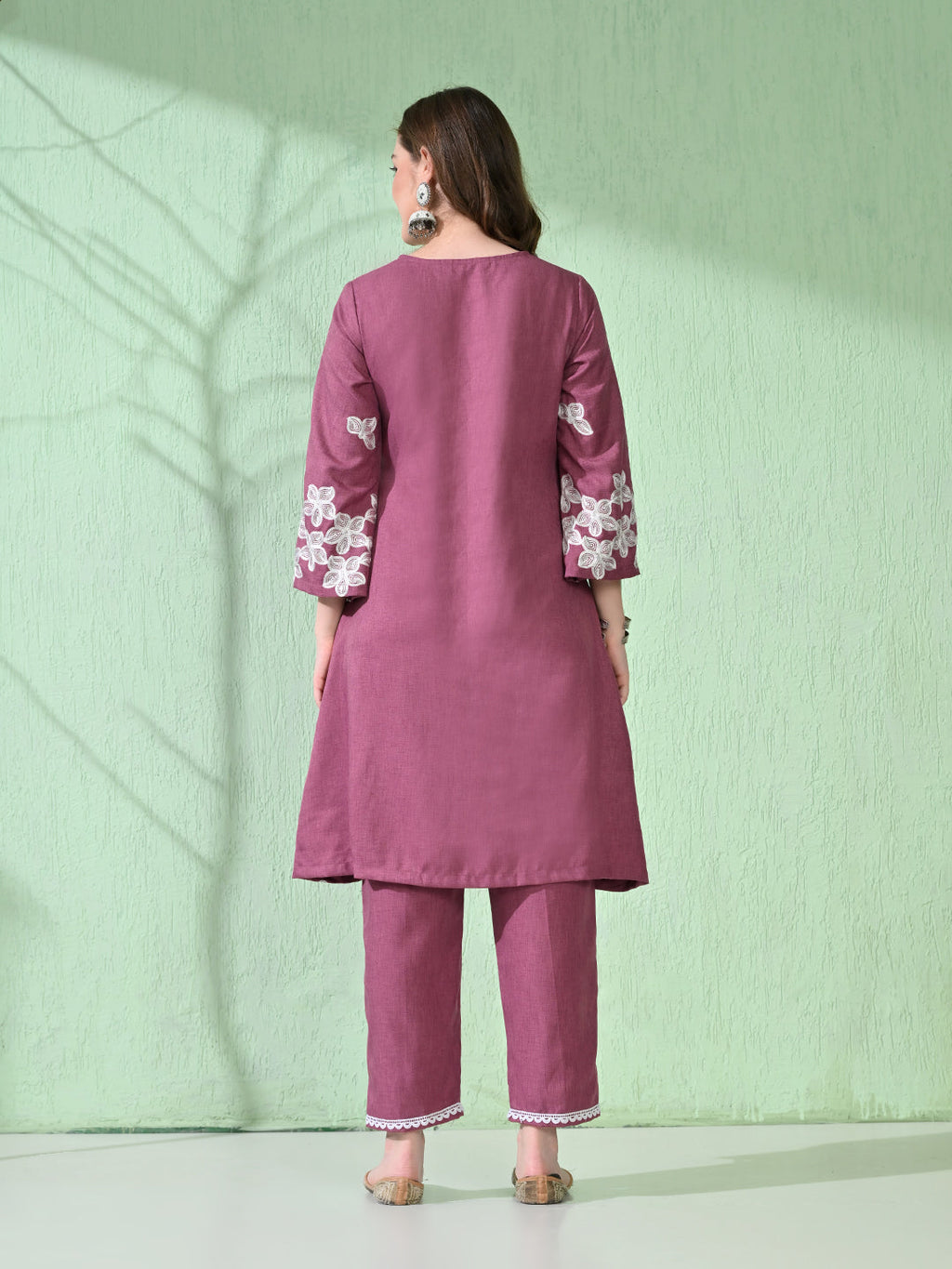 Myshka Women's Embroidered Calf Length Mauve Kurta With Palazzo | Grocsy