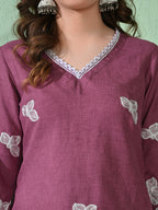 Myshka Women's Embroidered Calf Length Mauve Kurta With Palazzo | Grocsy