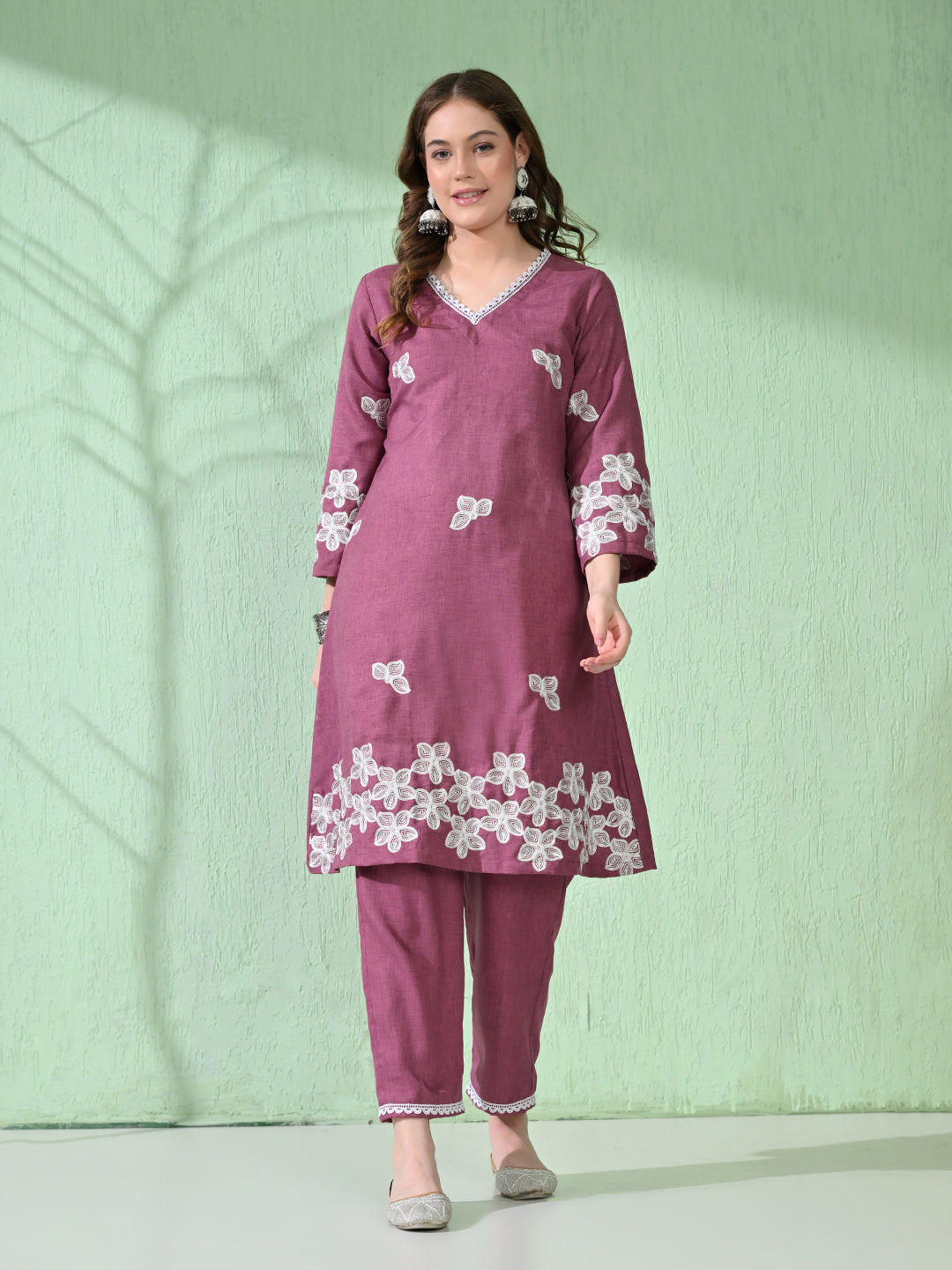 Myshka Women's Embroidered Calf Length Mauve Kurta With Palazzo | Grocsy
