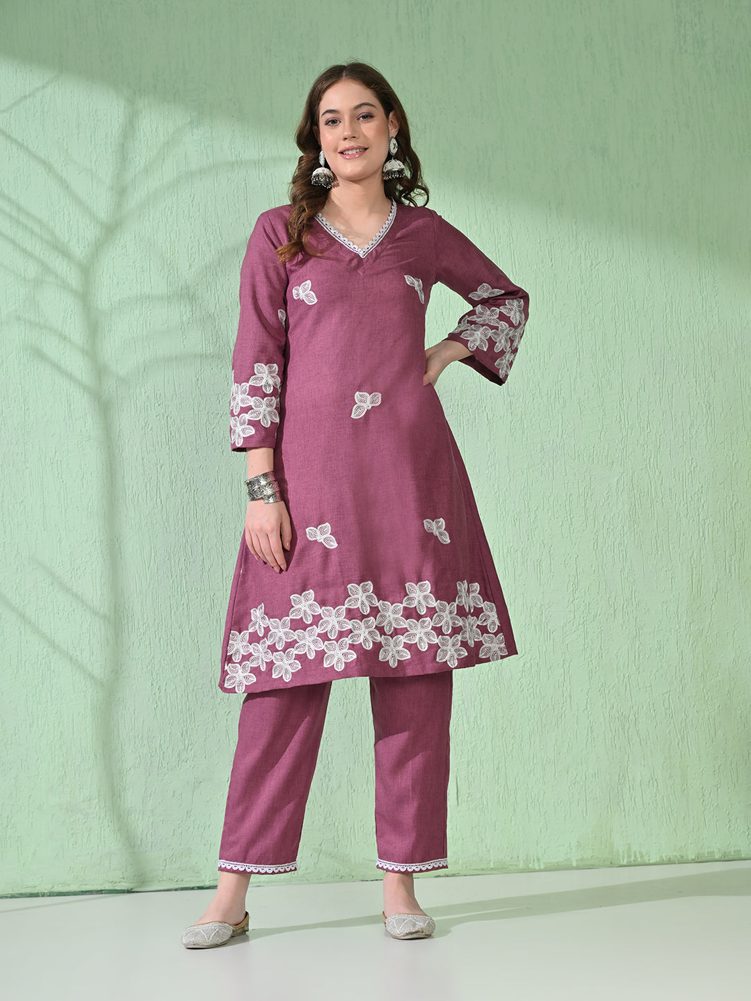 Myshka Women's Embroidered Calf Length Mauve Kurta With Palazzo | Grocsy