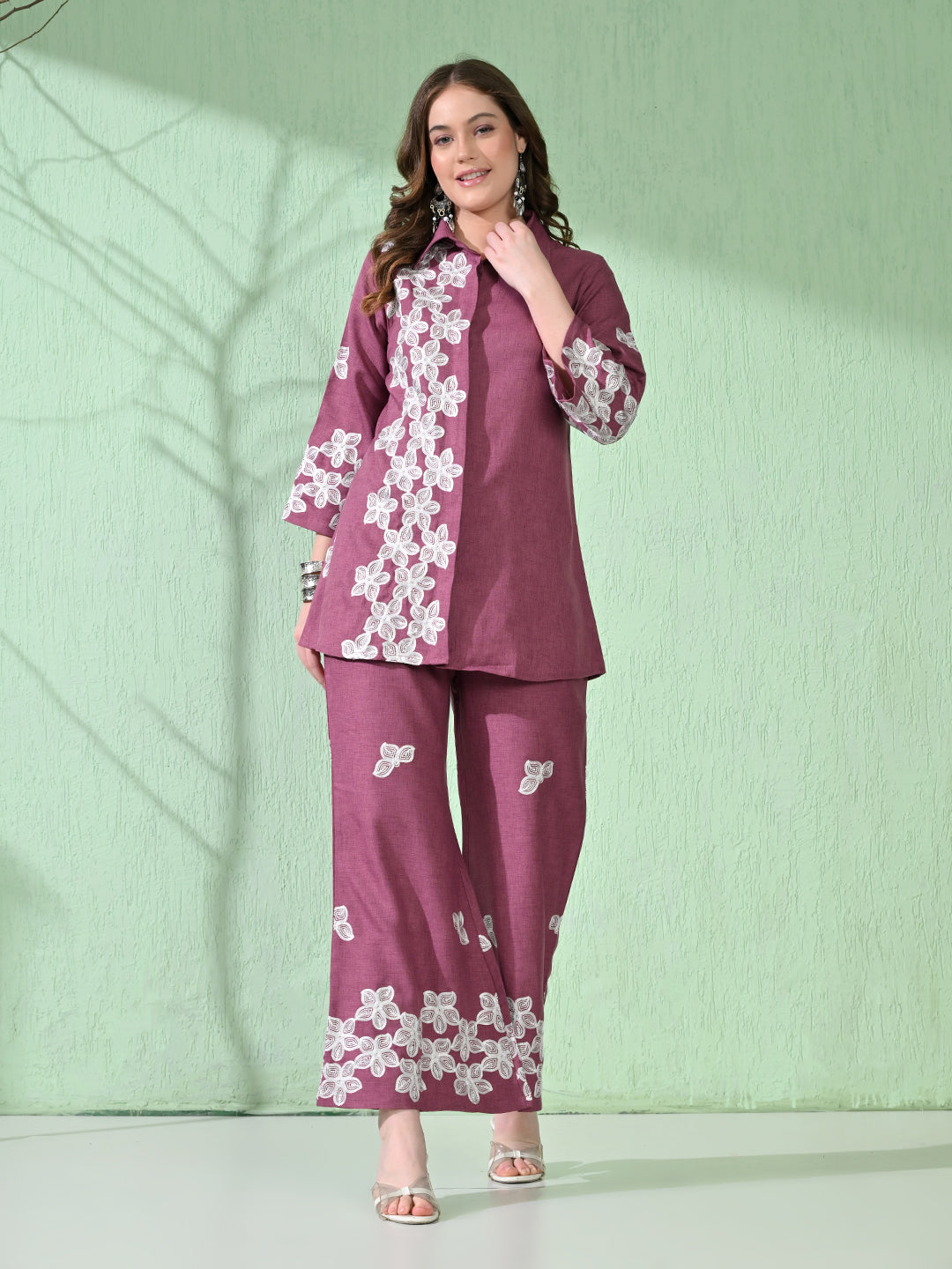 Myshka Women's Floral Embroidered Pink Tunic with Trouser | Grocsy
