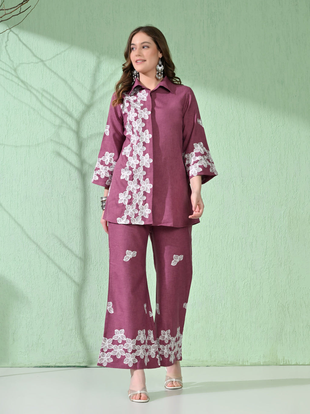 Myshka Women's Floral Embroidered Pink Tunic with Trouser | Grocsy