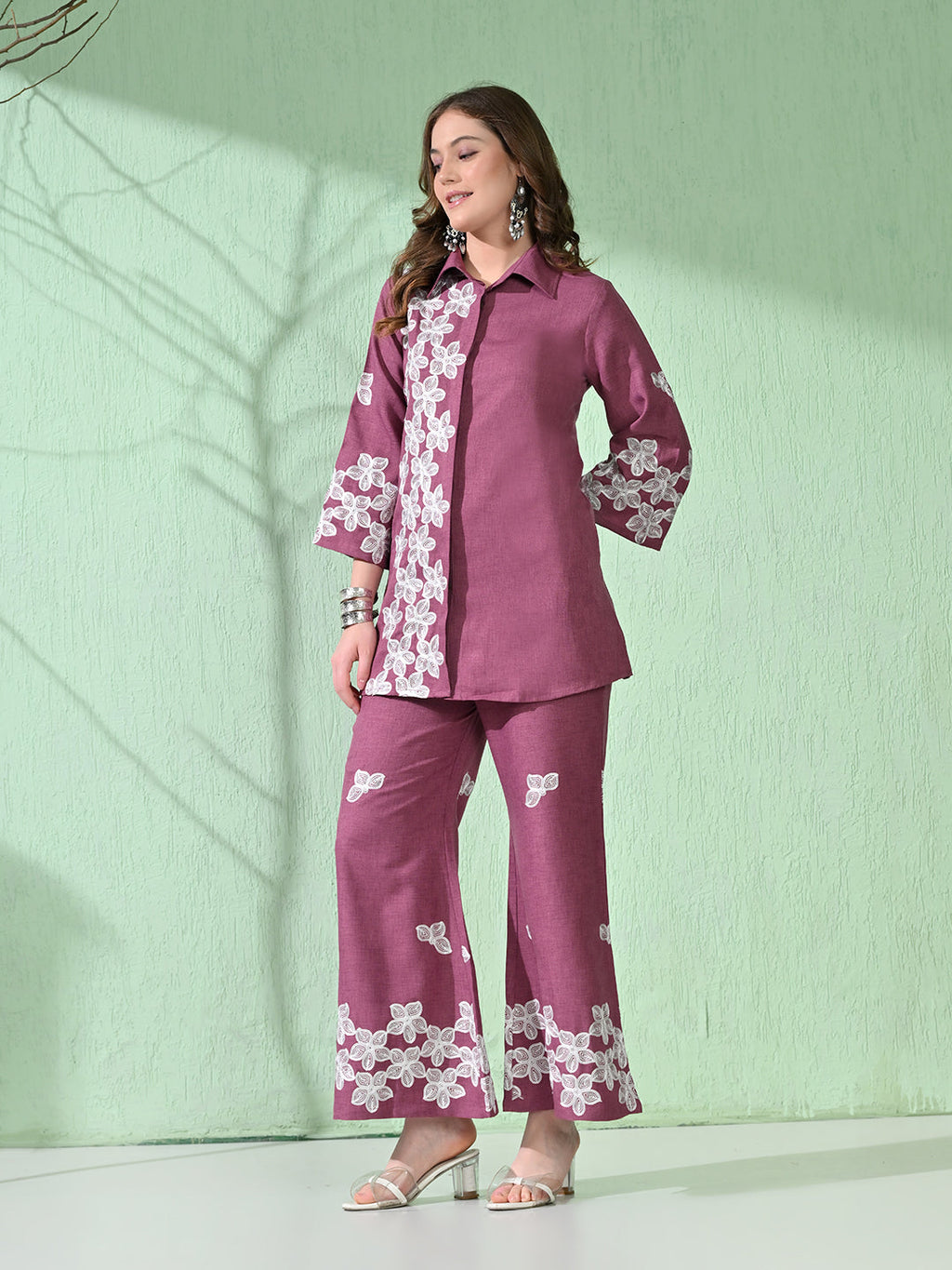 Myshka Women's Floral Embroidered Pink Tunic with Trouser | Grocsy