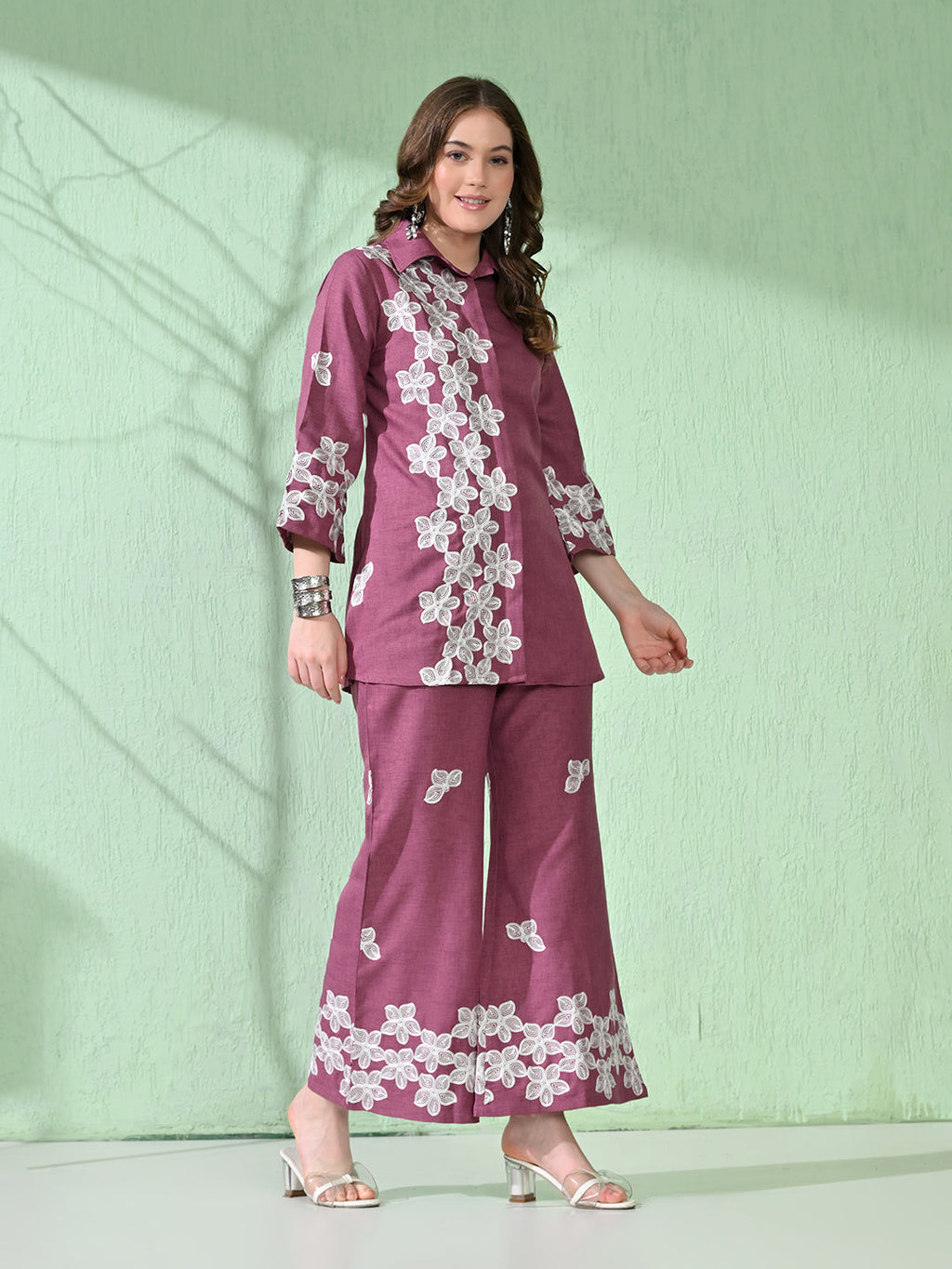 Myshka Women's Floral Embroidered Pink Tunic with Trouser | Grocsy