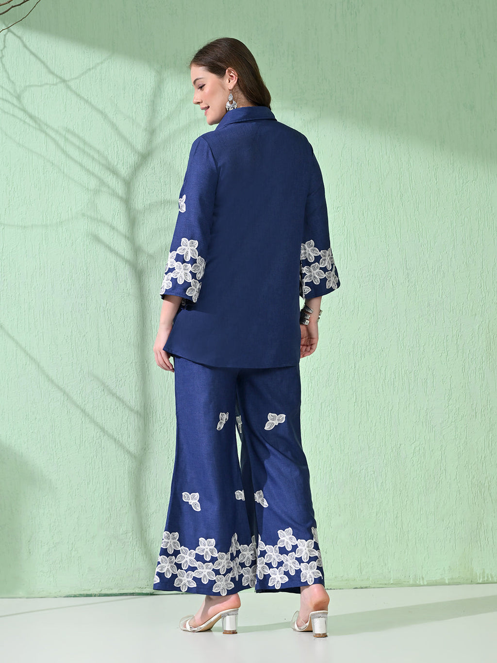 Myshka Women's Floral Embroidered Navy Tunic with Trouser | Grocsy
